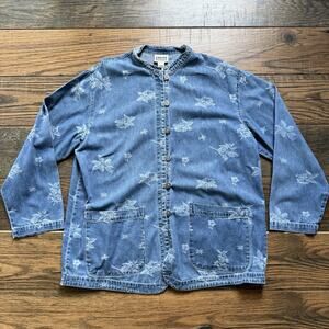 Chico’s Design Floral Denim Button Up 100% Cotton Size 2 Vintage Jean Shirt
